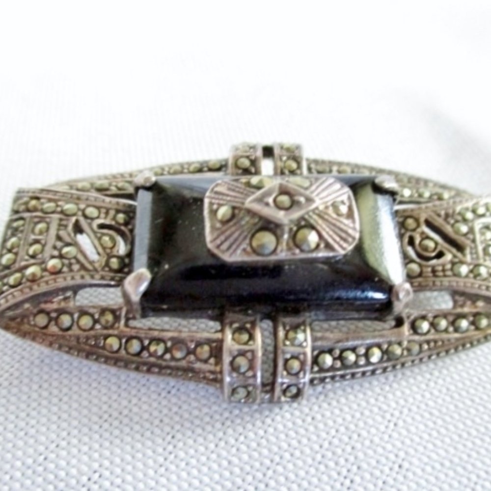STERLING SILVER BROOCH PIN MARCASITE ONYX BLACK - Picture 2 of 4